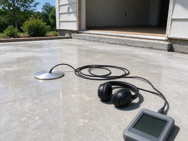 Acoustic listening pad set on a concrete floor with headphones and a sensor cable beside it