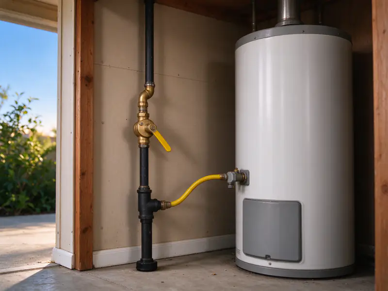 Black iron gas drop with a shutoff valve and a short capped sediment trap beside a water heater