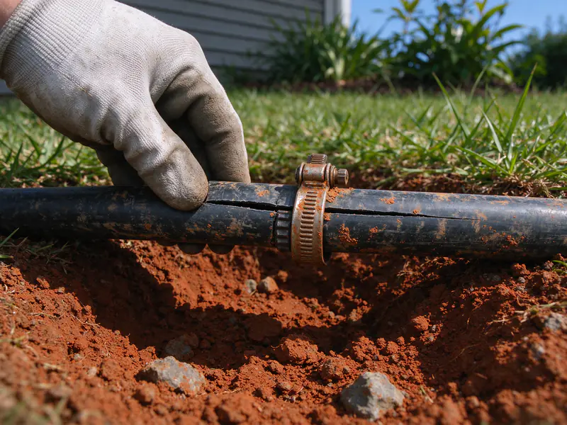 Black polyethylene water pipe with a split and a rusted hose clamp, lifted out of red clay soil