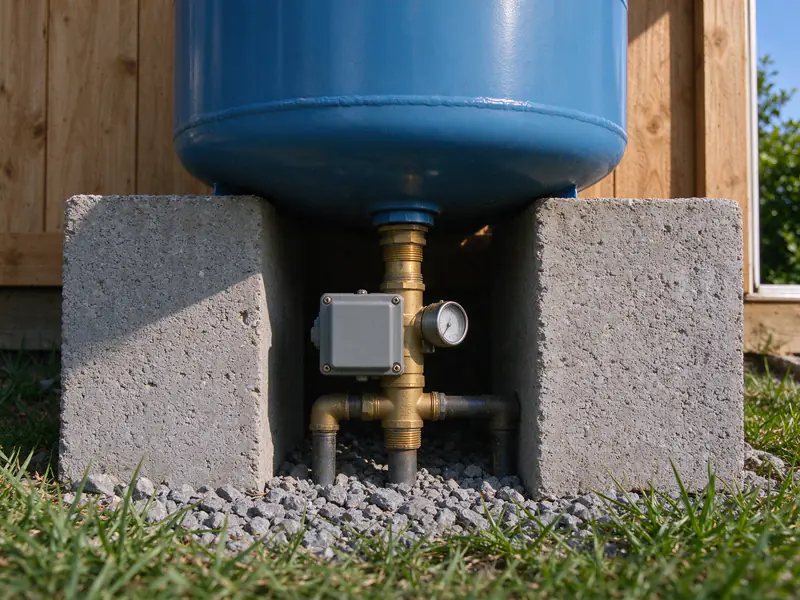 Blue pressure tank with a pressure switch and gauge on a tank tee, set on concrete blocks at a well house