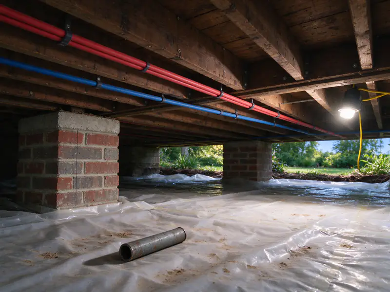 Brick pier crawl space with new red and blue PEX strapped to old joists beside a disconnected run of gray steel pipe