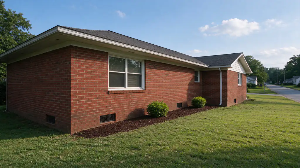 Brick ranch house on a crawl space foundation with a vented foundation wall on a quiet Concord street