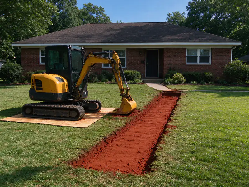 Compact excavator parked on plywood mats on a lawn next to a backfilled trench line