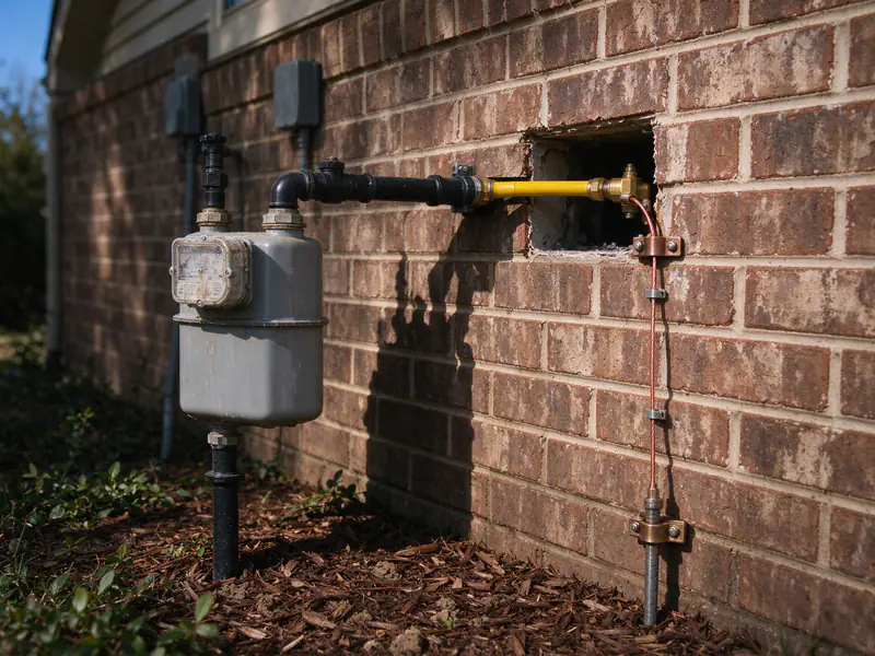 Copper bonding wire clamped to a brass CSST fitting near a gas meter on a brick exterior wall