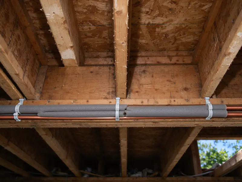 Copper hot and cold lines with foam insulation sleeves, clipped to joists in a crawl space