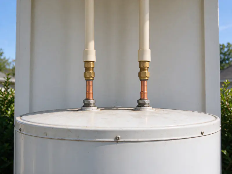 Cream CPVC hot and cold lines connected to the top of a water heater with metal transition fittings