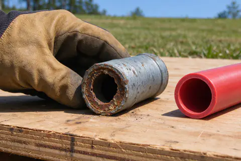 Cut section of old galvanized steel pipe showing a bore narrowed by brown rust, held beside a new length of PEX