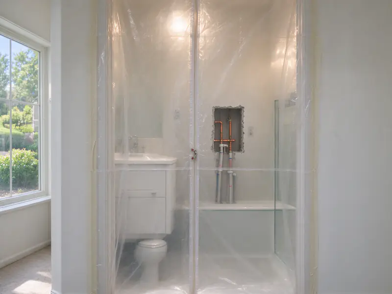 Drop cloths and a dust barrier taped across a condo hallway leading to a bathroom with an open wall