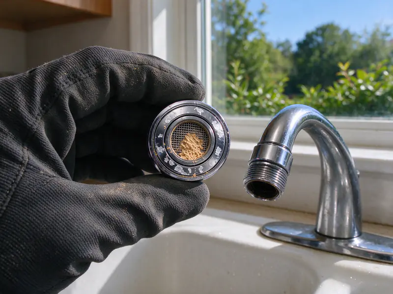 Faucet aerator unscrewed and held over a sink, its screen clogged with grit and scale