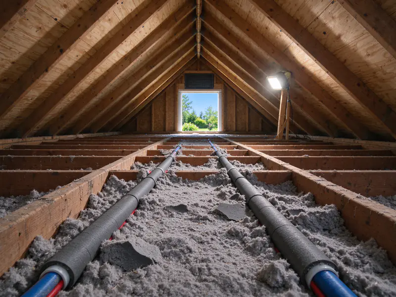 Foam-insulated PEX lines running between attic ceiling joists in blown insulation, well away from the roof deck