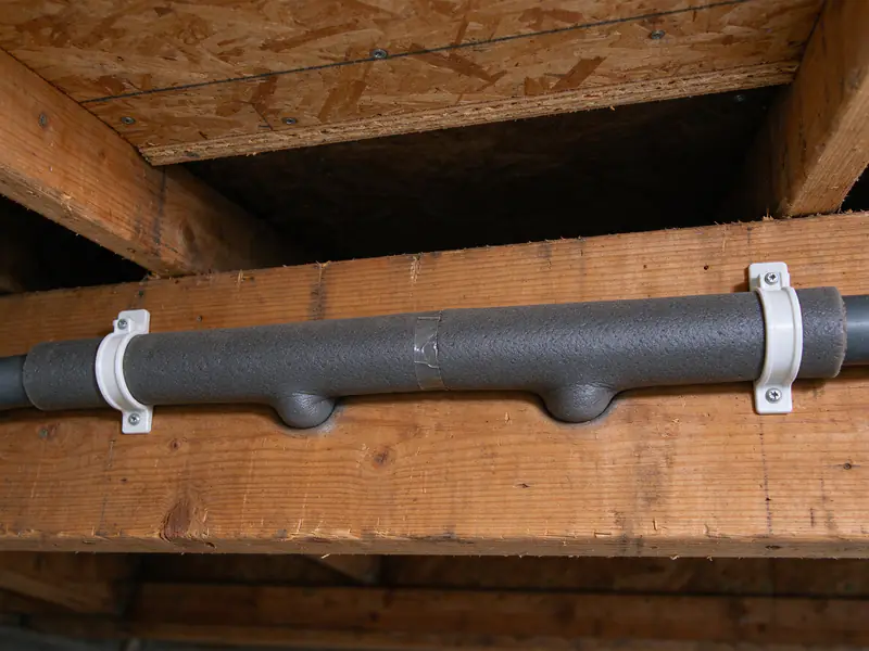 Foam insulation sleeve fitted over a repaired supply line along a crawl space joist
