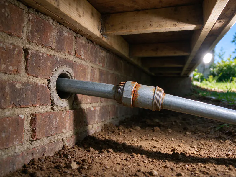 Gray galvanized steel water pipe with a threaded joint and rust at the threads, entering a crawl space