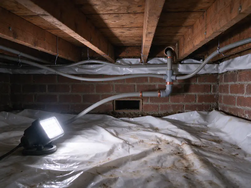 Gray polybutylene lines with copper crimp rings sagging between joists in a crawl space