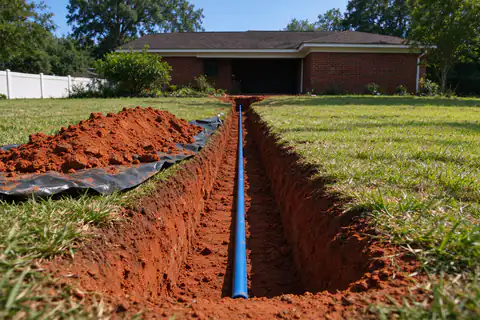 Narrow trench across a front lawn of red clay soil with a new blue water service line laid in the bottom toward the house