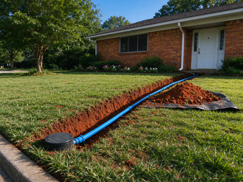 Narrow trench across a front yard from a meter box toward a house, with blue polyethylene pipe laid in it