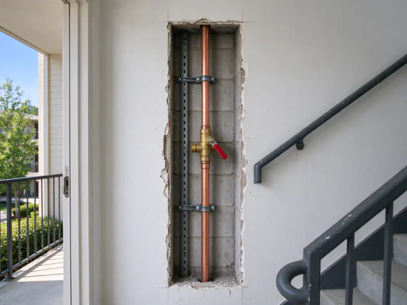 New copper riser with a ball valve and pipe clamps running up through an open utility chase in a stairwell