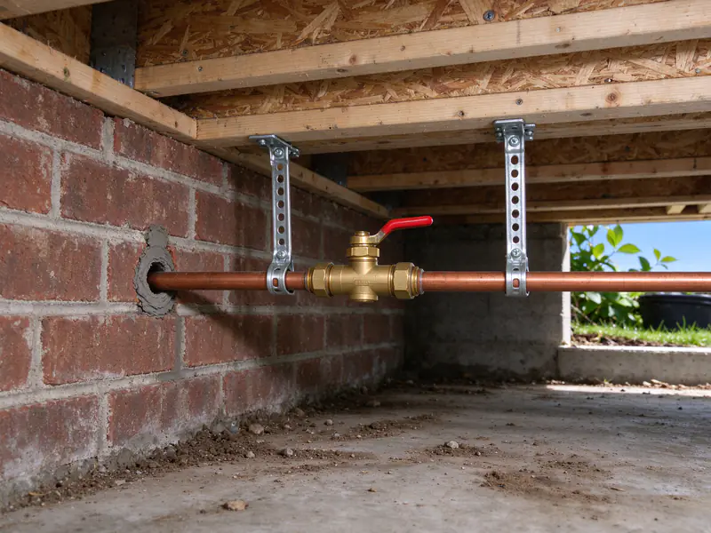 New quarter-turn main shutoff valve on a copper line just inside a brick foundation wall