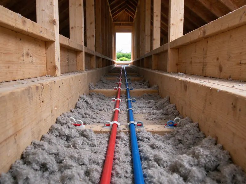 New red and blue PEX lines laid across attic ceiling joists, partly covered by blown-in insulation