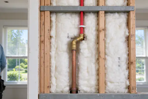 New red PEX hot line joined to an older copper line with a brass transition fitting inside an open wall bay