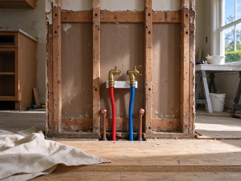 Open kitchen wall during a remodel with new PEX stub-outs and capped older copper lines below