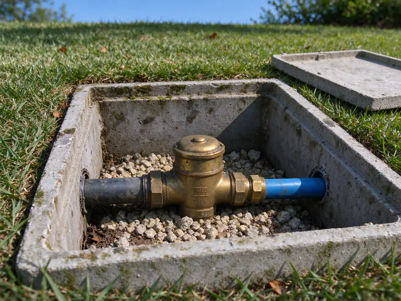 Open meter box at the edge of a lawn with a brass meter and a new blue service line connected on the house side