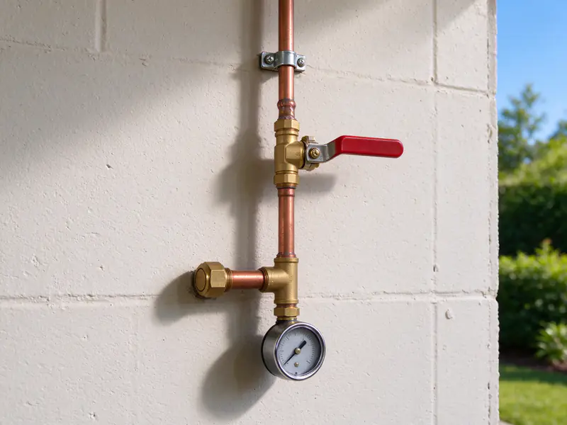 Pressure gauge threaded onto a capped water line during a pressure test