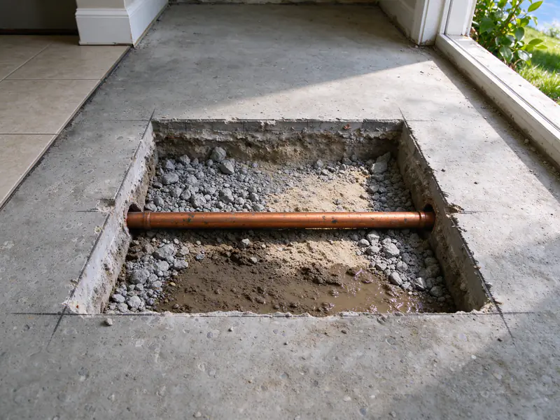 Rectangular opening cut in a concrete slab with gravel dug out around a section of copper water line