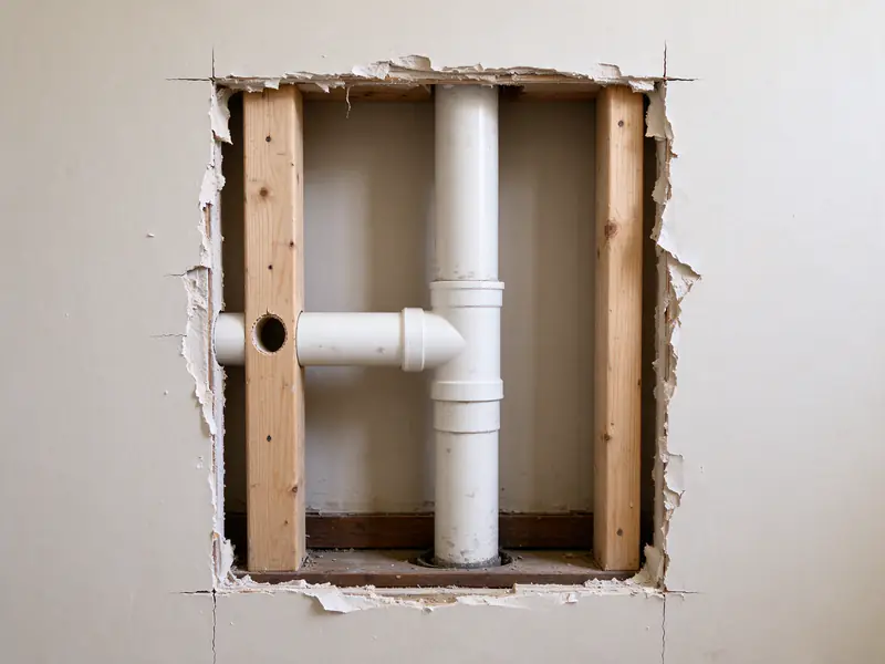 Rectangular wall opening behind a bathroom showing a new white PVC drain and vent stack between wood studs