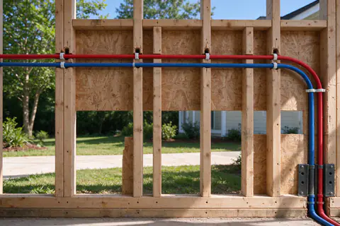 Red and blue PEX tubing pulled through bored holes in wall studs, held by plastic clips, before drywall is closed