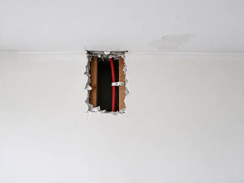Small drywall opening near the ceiling of an interior hallway wall with a new PEX line dropping down between studs