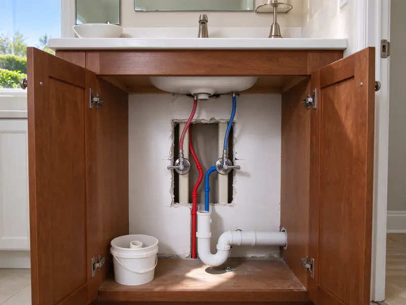 Small rectangular drywall opening behind a bathroom sink with new PEX stub-outs