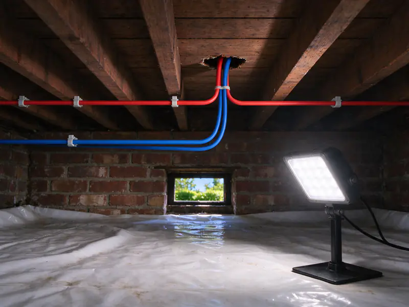 The same crawl space with new PEX lines strapped to the joists and the steel pipe removed