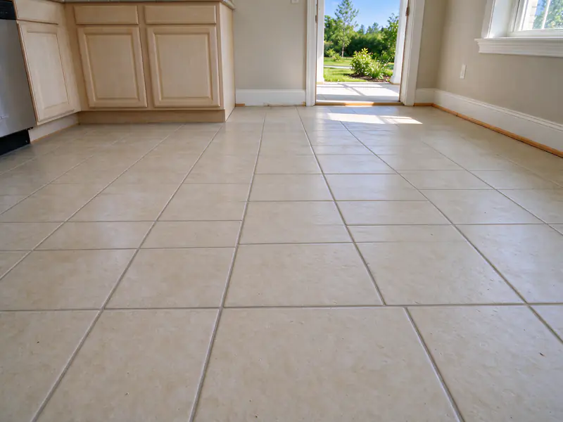 The same tile floor, dry and back to its normal color after the repair