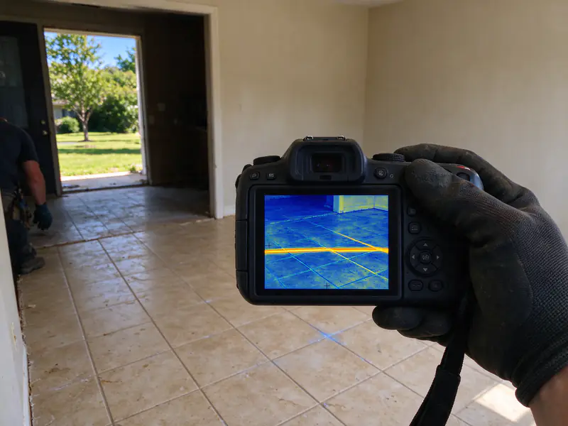 Thermal camera aimed at a tile floor, its screen showing a warm streak along the line of a hot water pipe