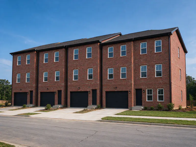 Three-story brick townhome row seen from the street, with no signs or house numbers visible
