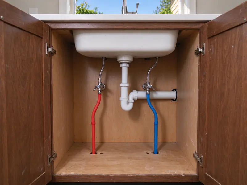 Two PEX lines rising from a crawl space through a subfloor hole into a cabinet base, with new chrome angle stops