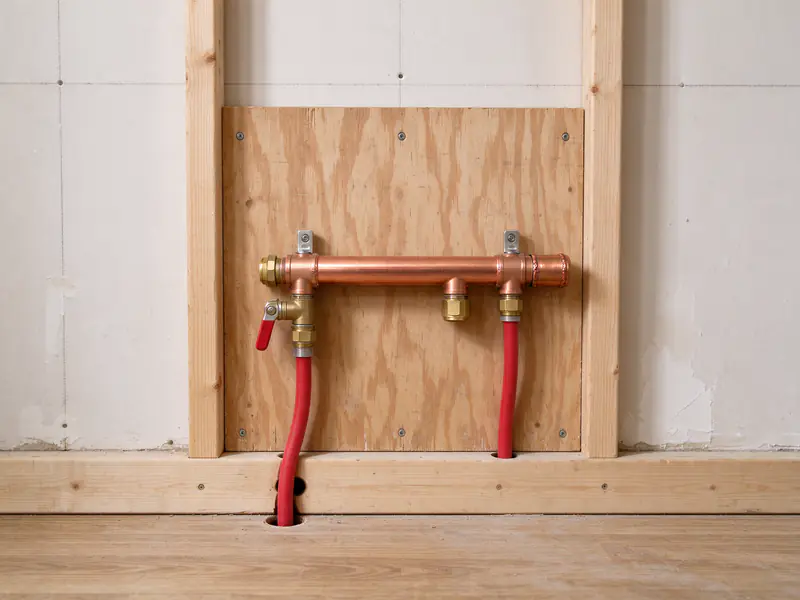 Two-port PEX manifold with one capped spare outlet mounted between studs