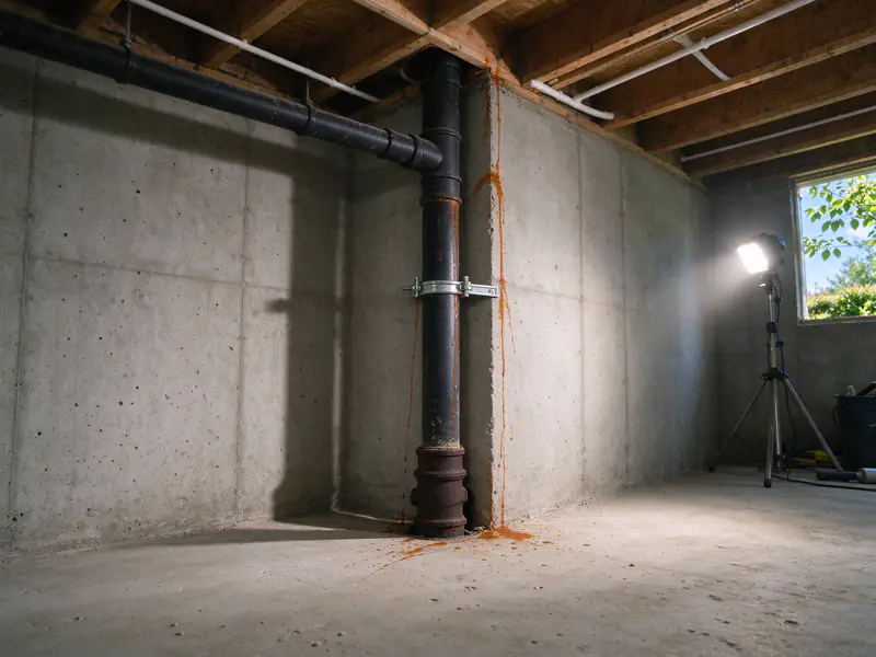 Vertical black cast iron drain stack with rust streaks running down it, standing in an unfinished basement corner