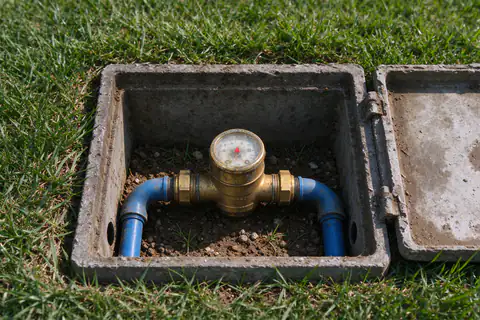 Water meter in an open meter box with the low-flow indicator dial visible, at the edge of a front lawn