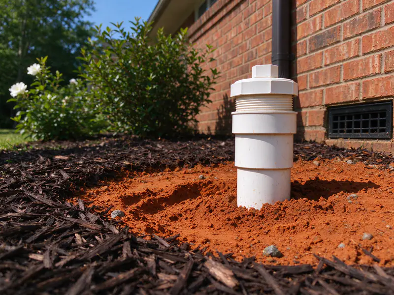 White PVC cleanout pipe with a threaded cap rising out of fresh soil near a house foundation