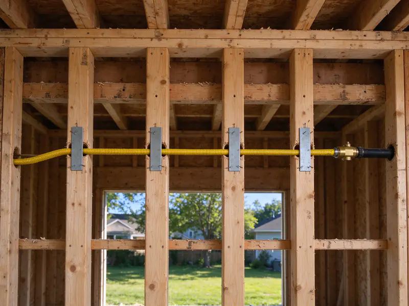 Yellow-jacketed CSST gas tubing run through bored holes in wood studs inside an open wall